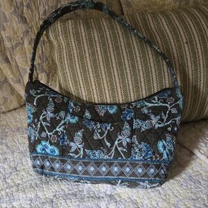Elegant Floral Shoulder Bag in Black and Blue